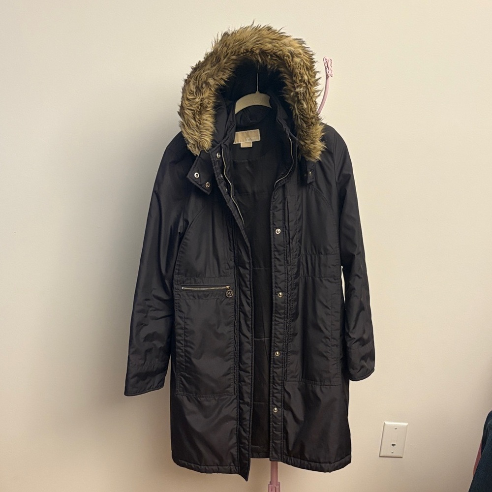 Michael Kors Dark Puffer Coat with Faux Fur Hood